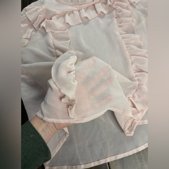Sheer Pink size S Ruffle Mock Neck Blouse Top Long Sleeve Balloon Sleeves Cuff - Picture 7 of 8